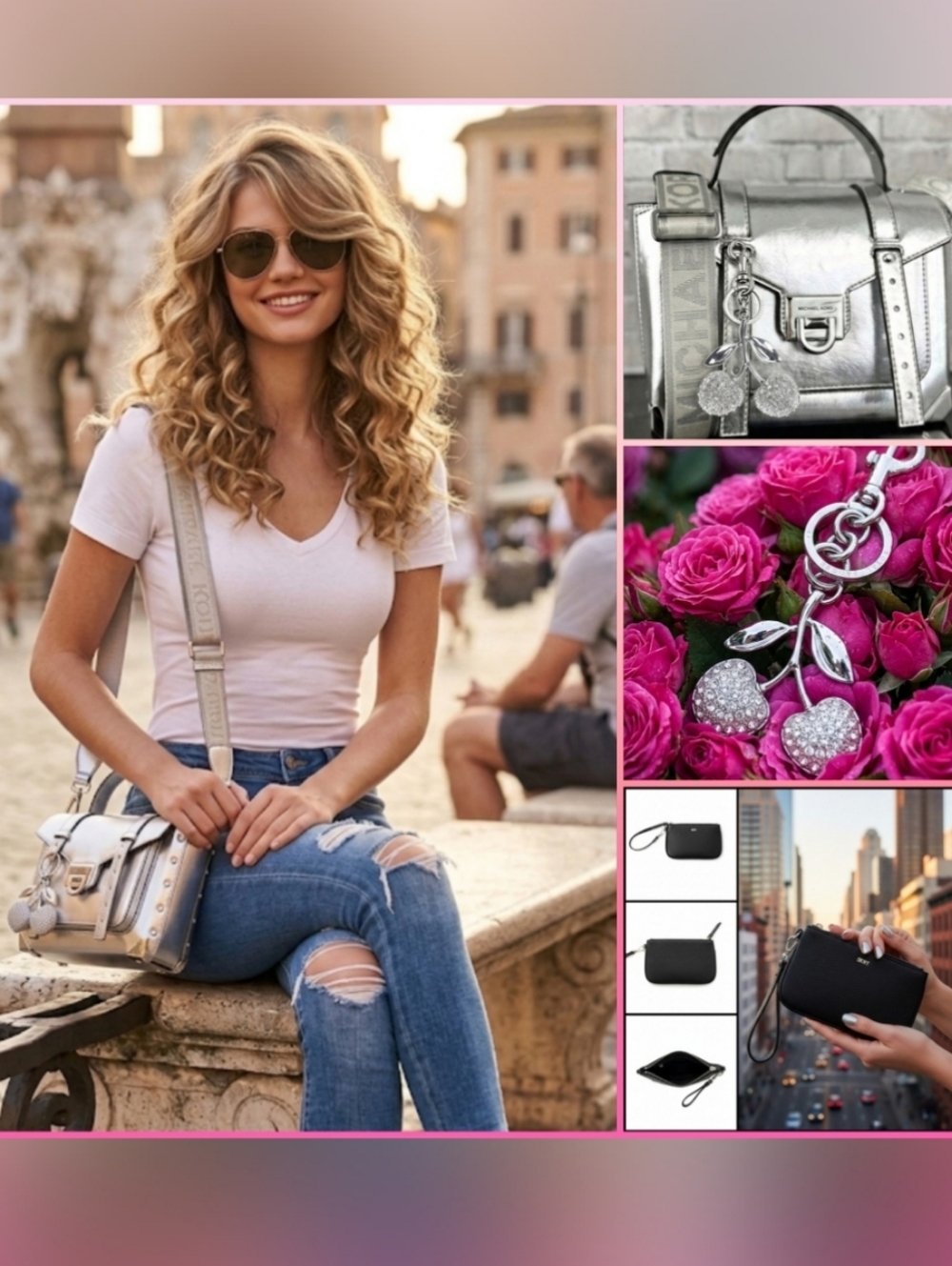 3pc Bundle : Michael kors Silver Manhattan Crossbody Bag, Wristlet & Bag Charm